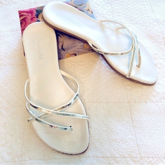 Sanabella Sandal White Silver Sequin Strap Flip Flop Italian Made size 8 US 38EU - Picture 2 of 15